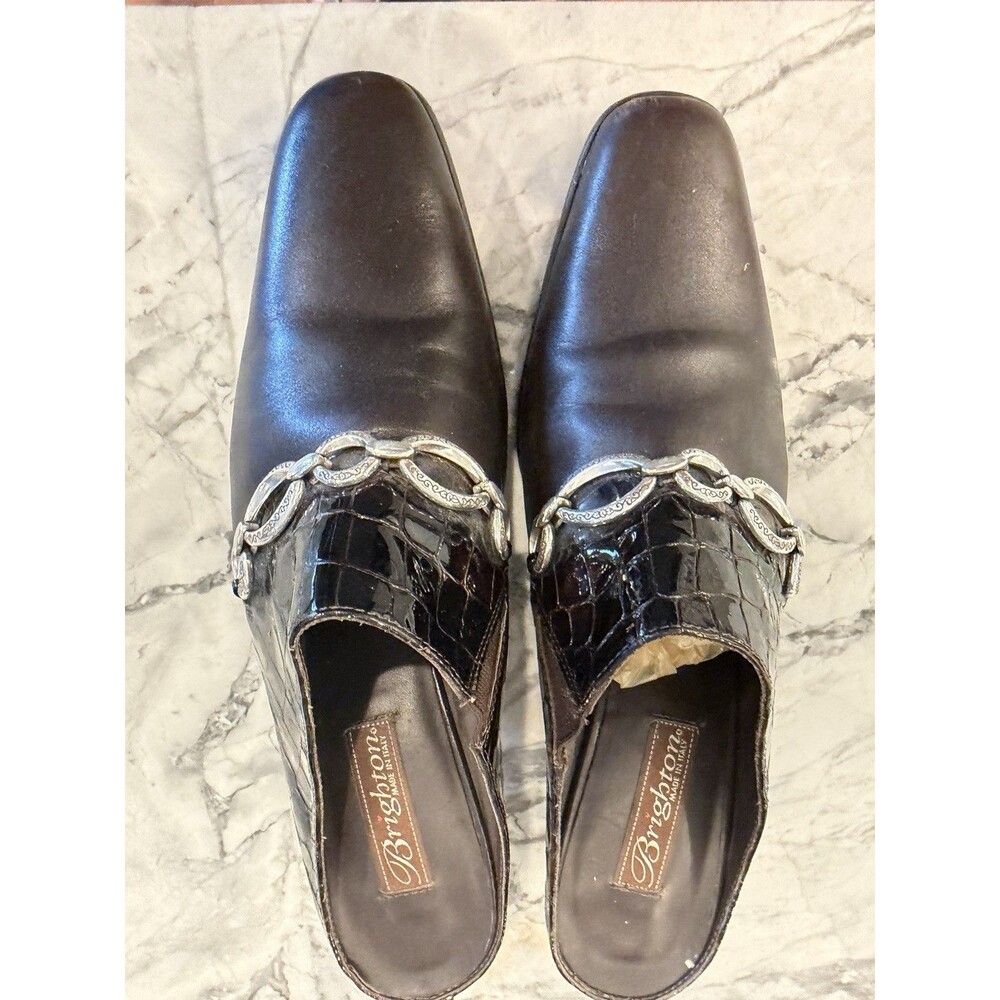 Brighton Twiggy Women’s 8 M Brown Leather Croc Mule Heels Silver Chain Italy